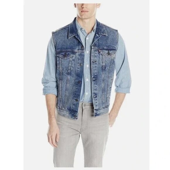 Levi's Trucker Jacket Men's M Blue Vest Cotton Denim Collared Raw Sleeveless - Picture 1 of 11